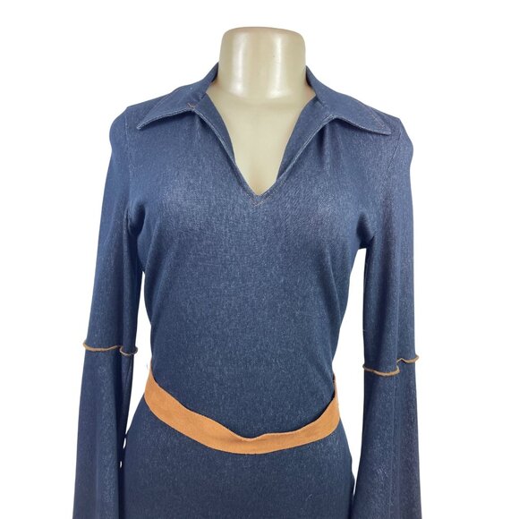 Moa Moa Blue Denim Bell Sleeve Dress With Tan Waist Tie Size M - Picture 4 of 9